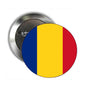 Romanian flag pinback button with blue, yellow, and red vertical stripes