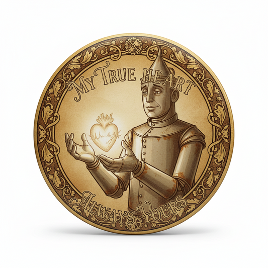 Gold round Tin Man heart pinback with engraved quote "My True Heart"