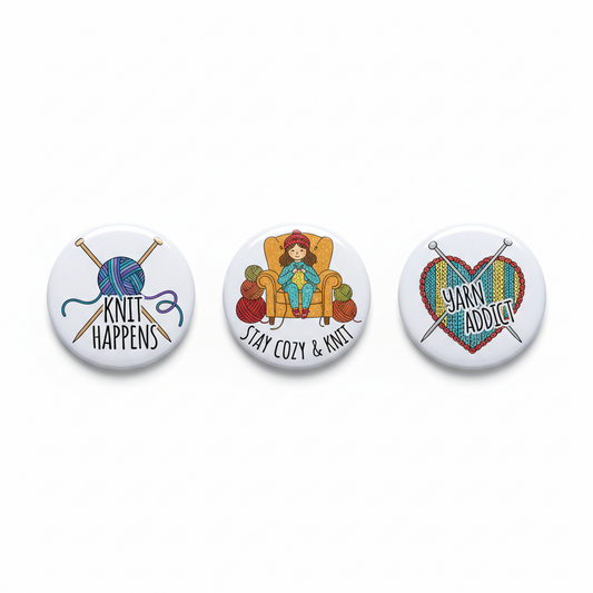 Set of 3 knit-themed pinback buttons: KNIT HAPPENS, Cozy & Knit, Yarn Addict.