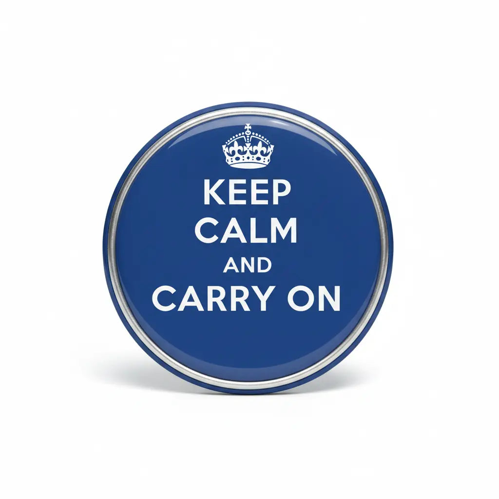 Royal blue pinback button: crown above 'KEEP CALM AND CARRY ON' text