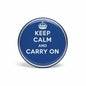 Royal blue pinback button: crown above 'KEEP CALM AND CARRY ON' text
