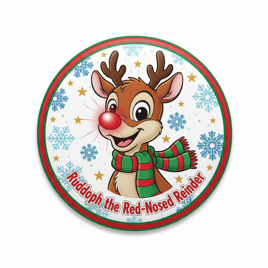 A circular printed design featuring a cartoon reindeer with brown antlers, a red nose, and a green-and-red striped scarf on a white background with blue snowflakes and gold stars. The text along the bottom reads 'Rudolph the Red-Nosed Reindeer.