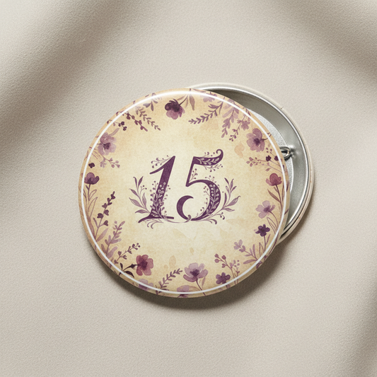 15th birthday pinback button with purple floral border and number 15, metal pin backing