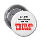 1.25-inch pinback button with white face, black text, red TRUMP stars, metal back