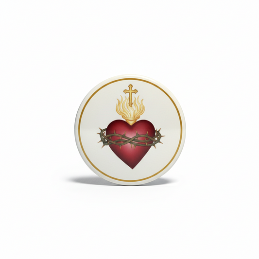 Sacred heart blessings badge pin with gold crown and flame, round enamel design