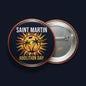 Round pinback button with palm tree, “Abolition Day” text, gold border, metal pin back