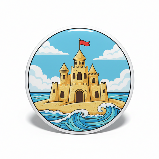 Round beach sand castle pinback button with blue wave and red flag design