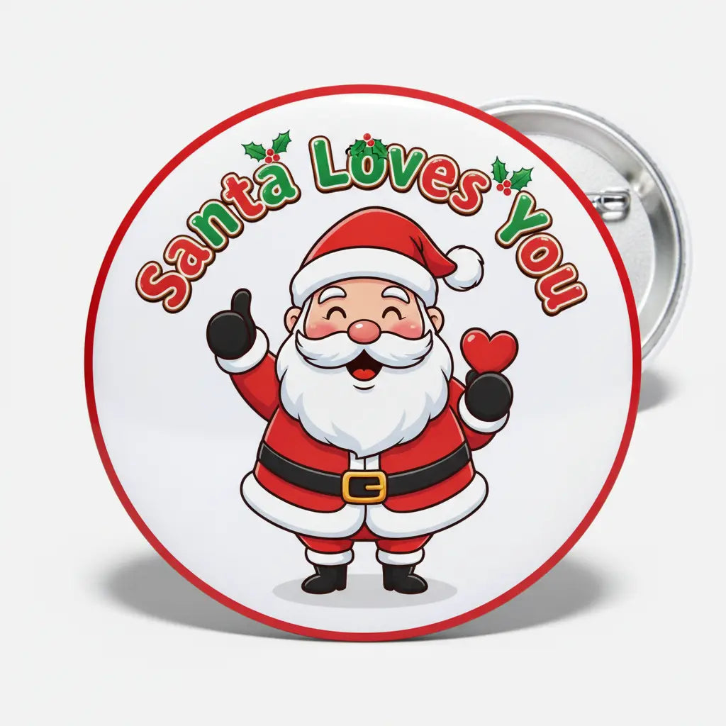 Round pinback button with cartoon Santa and red ring, text Santa Loves You