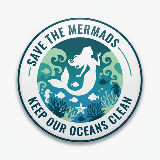 Circular sticker with mermaid design and text 'Save the Mermaids, Keep Our Oceans Clean' on a white background