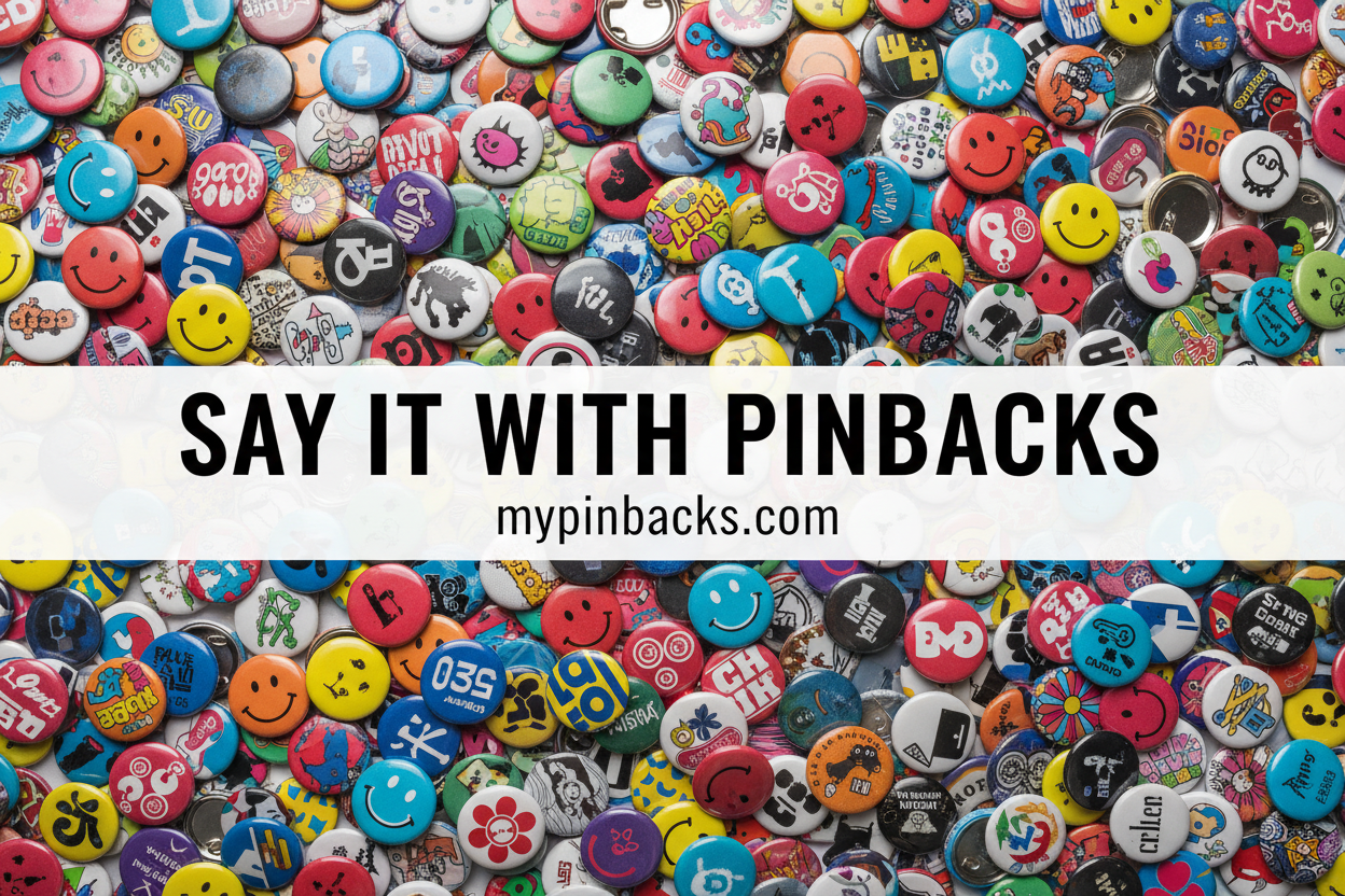 A collage of many colorful pinback buttons filling the frame, with a white horizontal banner across the center reading “SAY IT WITH PINBACKS” and “mypinbacks.com.
