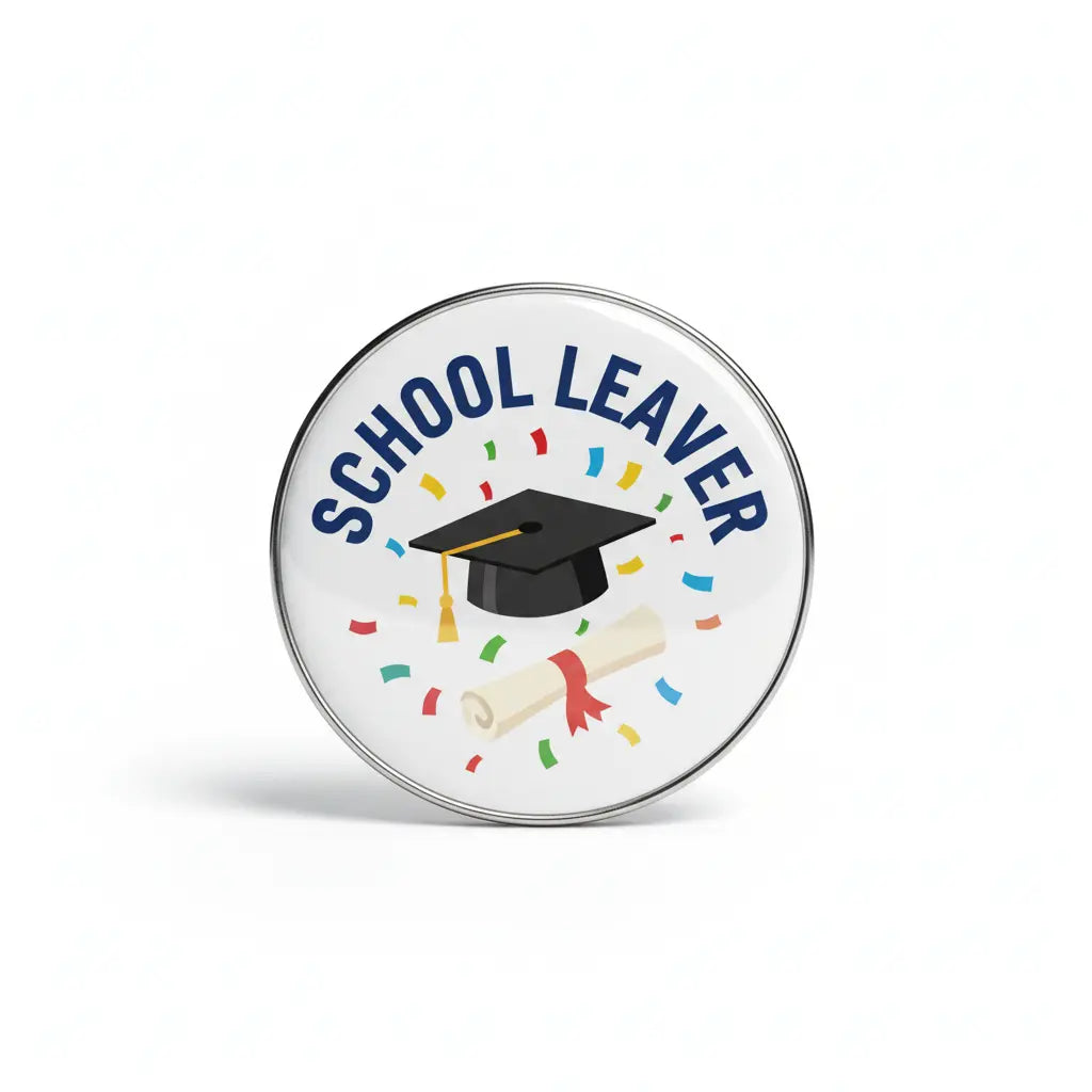 Round school leaver pinback badge, 2.25-inch, graduation cap with confetti and “School Leaver” text