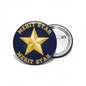 Round navy merit star enamel pin with gold five-point star and silver pinback