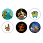 Set of 6 circular cartoon dog magnets, assorted dog designs on colored backgrounds