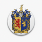 Round coat of arms badge, blue and gold with red lion and stag head crest