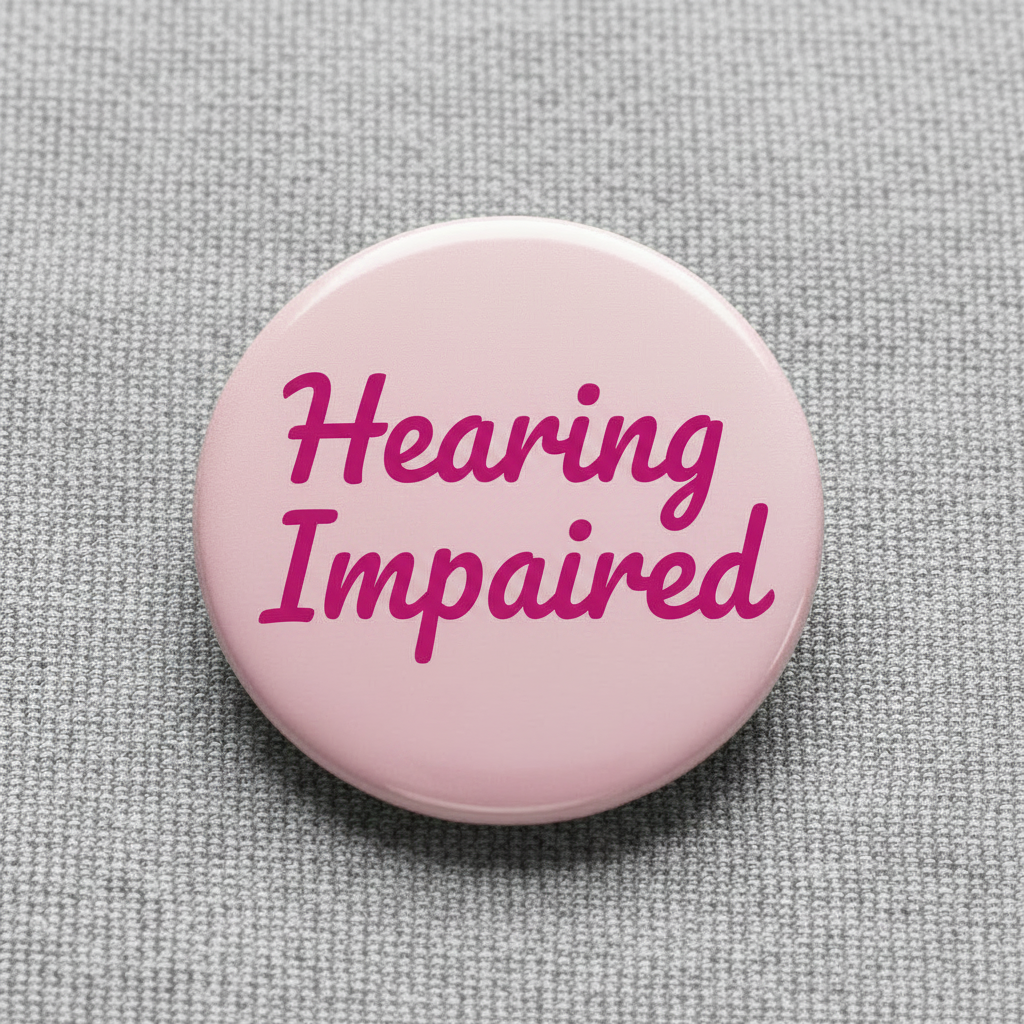Pink hearing impaired script pinback button with hearing impaired text