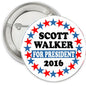 Round Scott Walker pinback button, white with red/blue stars and FOR PRESIDENT 2016