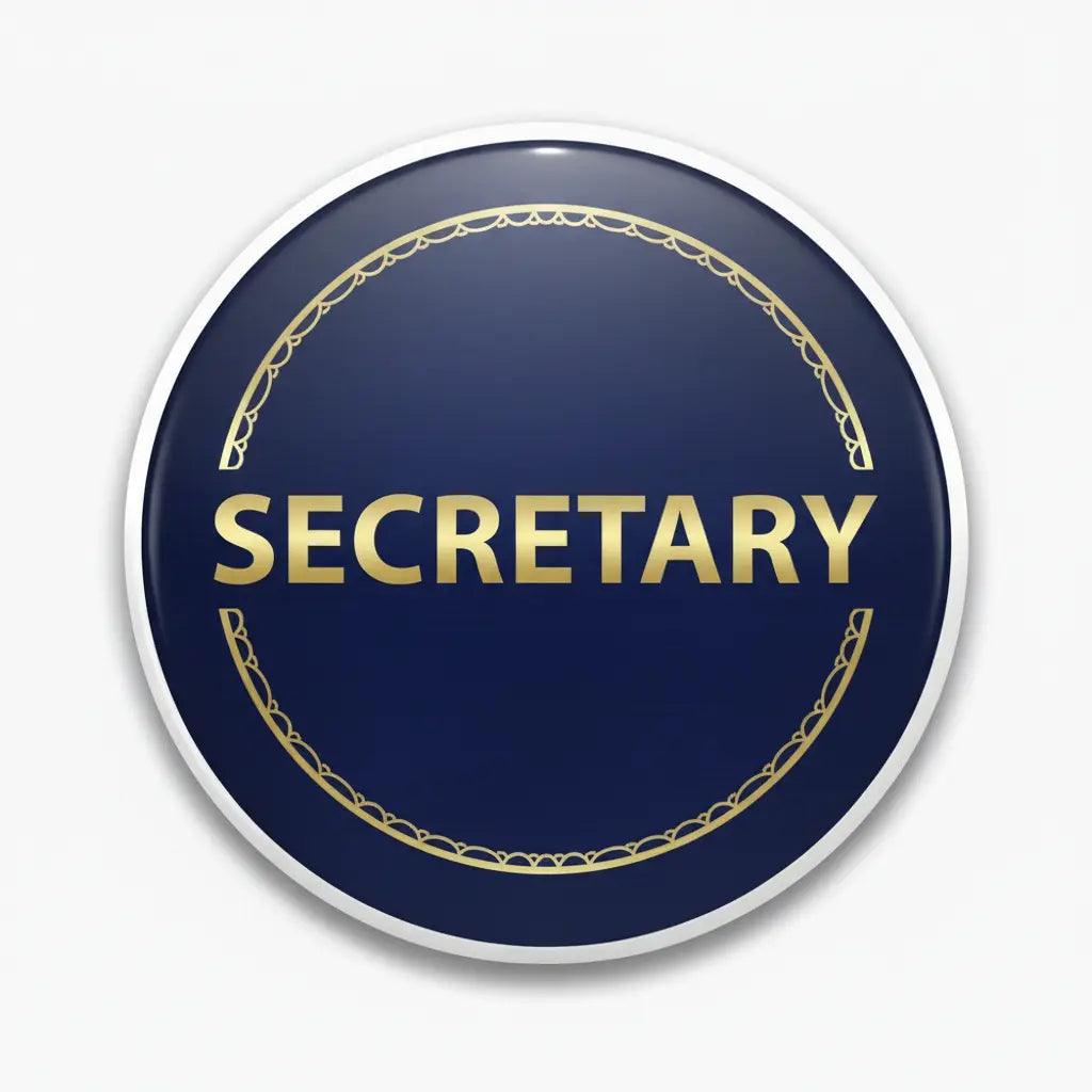 Round navy secretary pinback with gold border and "SECRETARY" text