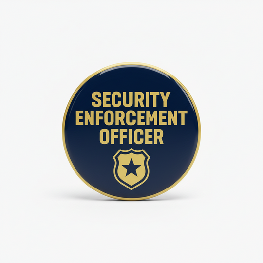 Round navy-and-gold Security Enforcement Officer pin with shield-star emblem and text