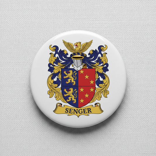 Round coat of arms pinback button with SENGER crest, gold scrollwork, red shield and eagle