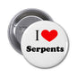 I love serpents pinback button, white face with red heart and black text