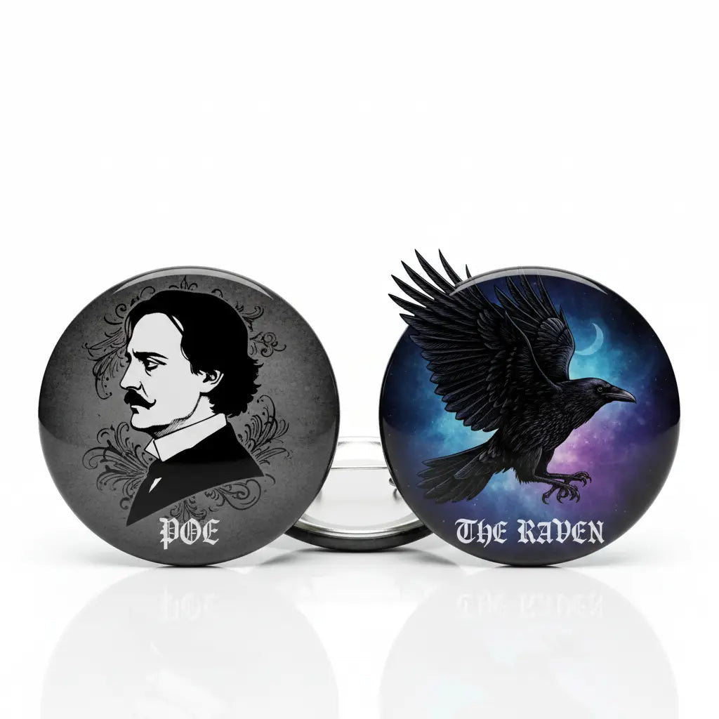 Set 2 Pcs Edgar Allan Poe Black Raven Writer Pinback - My Pinbacks