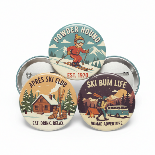 5 pCS Ski Bum Skiing Themed Pinback 1.25-inch