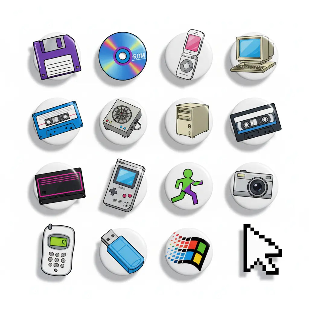 Set of 15 Nostalgia Tech Y2K Pinbacks 1.25-inch - My Pinbacks