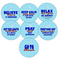 Set of 7 blue round magnets with faith-themed inspirational message text