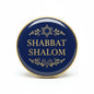 1.25-inch round navy SHABBAT SHALOM pinback button with gold border and Star of David