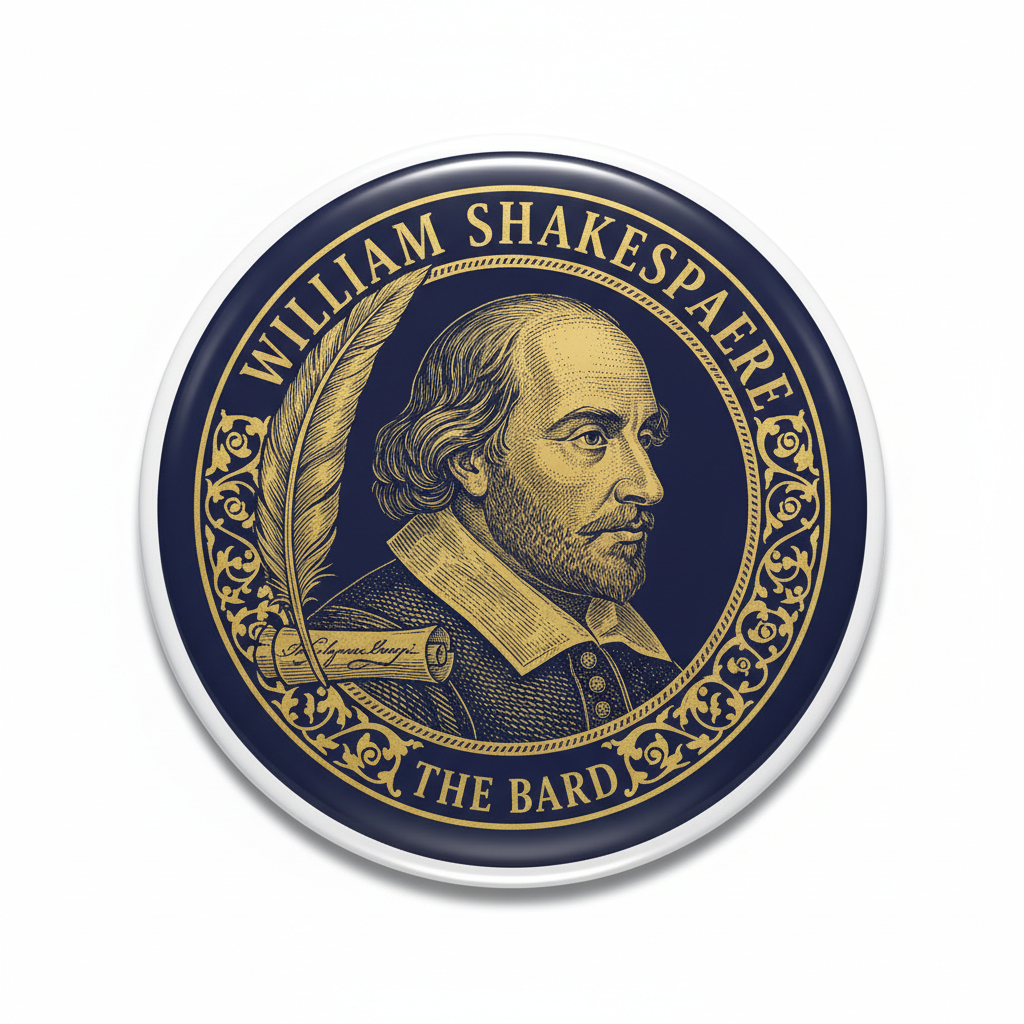 Round Shakespeare Pin Button with William Shakespeare portrait in navy and gold