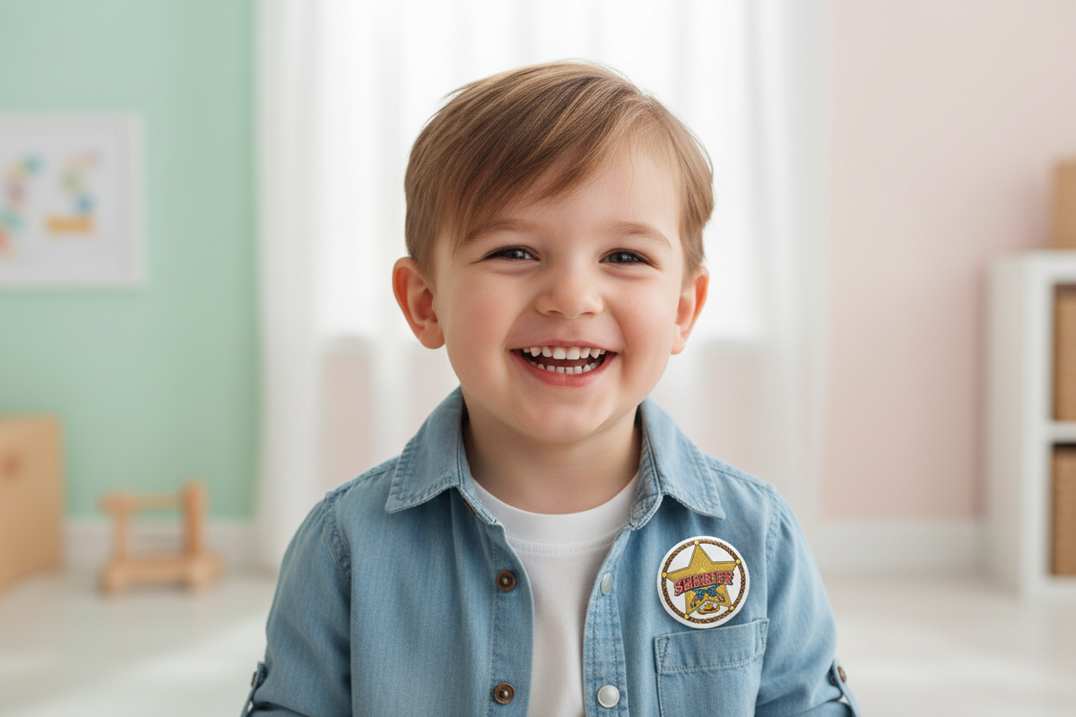 A young boy with light brown hair smiling in a bright room, wearing a light blue denim button-up shirt over a white t-shirt. A round, colorful 'Happy Camp 3' badge is pinned to his left chest pocket.