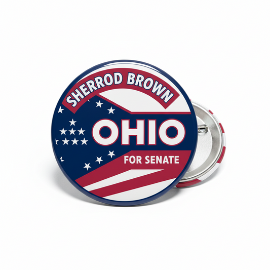 2.25-inch Sherrod Brown for Senate Ohio flag pinback button with metal back