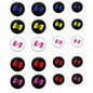 Round pinback buttons with colorful sign language hand logos in black and white
