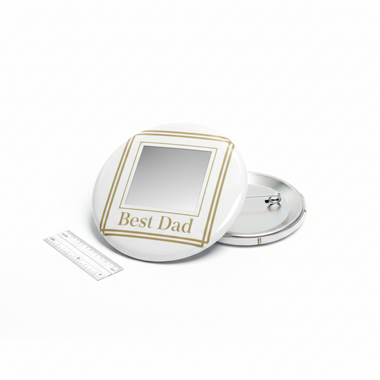 Round pinback button with gold frame and photo-style insert, text "Best Dad", silver back