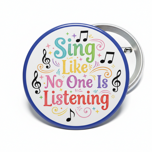 2.25-inch pinback button with colorful “Sing Like No One Is Listening” music-note design