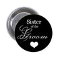 Black Sister of the Groom pinback button with white script and heart