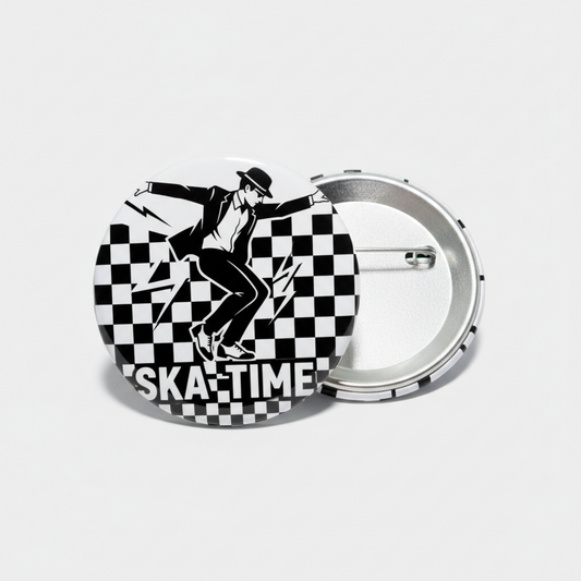Checkered ska dancer pinback button with silver metal rim, 2.25-inch