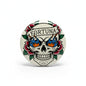 Tattoo-style skull pinback button with FORTUNA text, flames, and green rose border