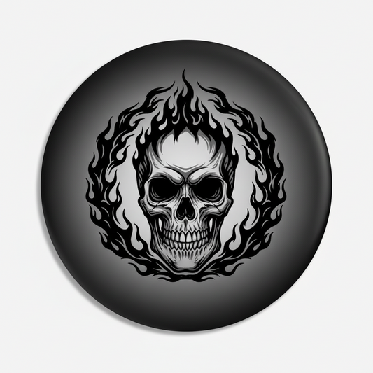 Skull flame pinback button with black outer ring and gray-white flaming skull graphic