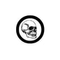 Round pinback button with black border and black-and-white skull sketch