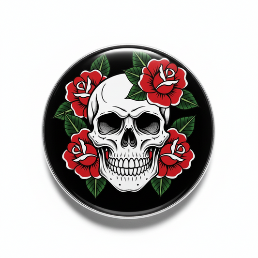 Round 2.25-inch pinback button with white skull, red roses, green leaves on black