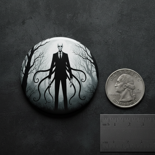 2.25-inch round pinback button with black-suited slender figure and eerie tree design
