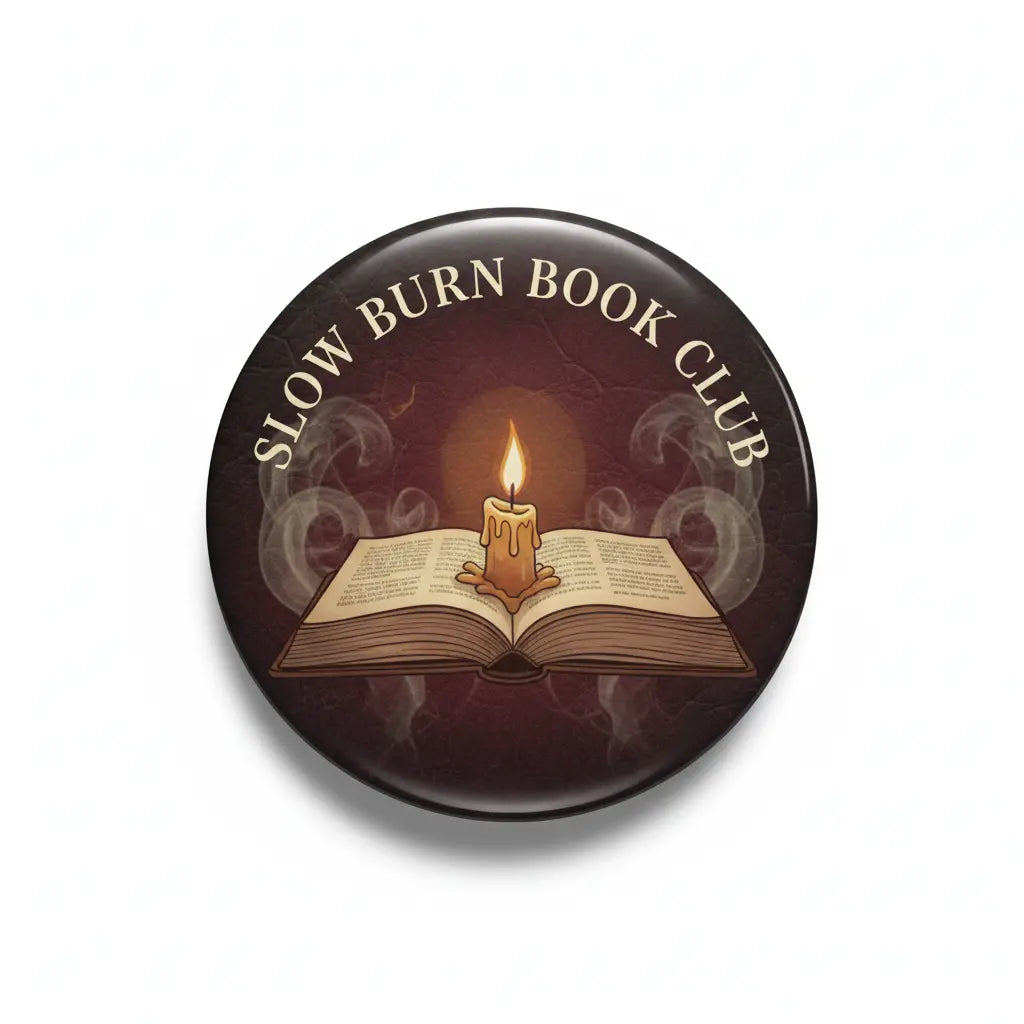 Round book club pinback button with candle and open book graphic, text 'Slow Burn Book Club'