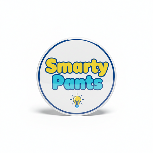 2.25-inch round pinback button with blue border and Smarty Pants logo with lightbulb