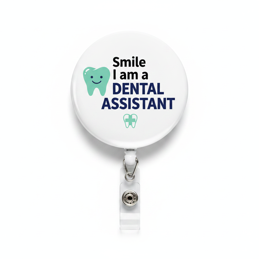 Dental assistant badge reel with circular 'Smile I am a Dental Assistant' design and tooth icon