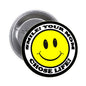 Round yellow smiley face enamel pin with black border and smile text around