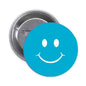 Teal retro smiley face pinback button with round metal back, 1.25-inch