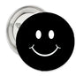 Black retro smiley pinback button, 1.25-inch, with smiling face design