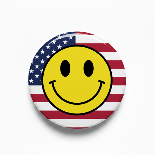 A round pinback button featuring a classic yellow smiley face in the center, surrounded by a border of alternating red and blue stars on a white background.
