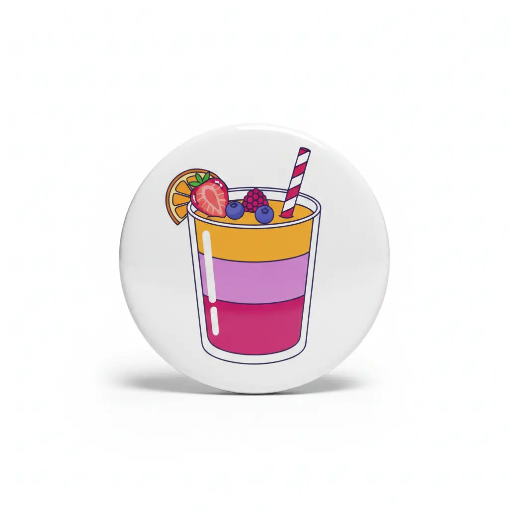 2.25-inch smoothie pinback button with colorful fruit drink and straw graphic